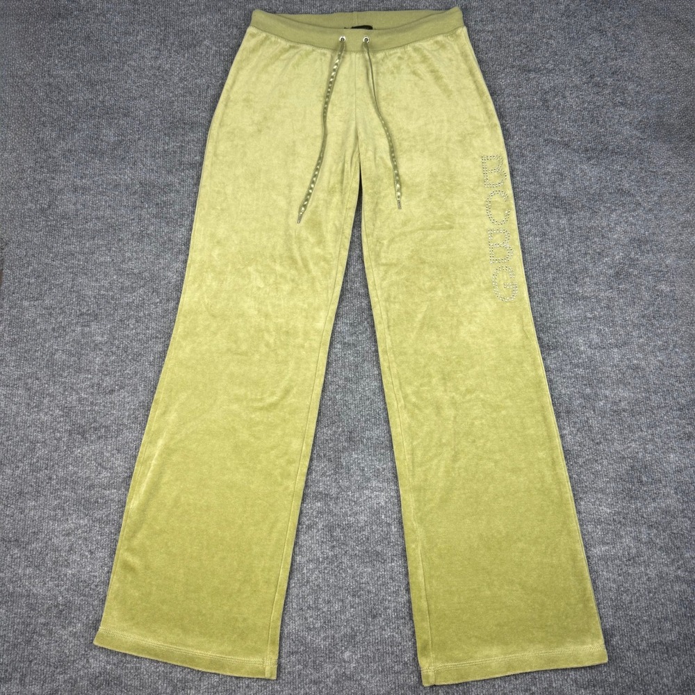 Y2K BCBGMAXAZRIA Womens Velour Track Pants Rhinestone Logo Green Wide Leg Sz Sm